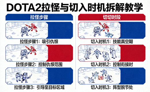 DOTA2拉怪与切入时机拆解教学示意图