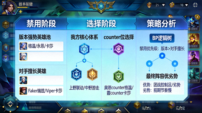 英雄联盟职业联赛BP禁选思维拆解战术示意图